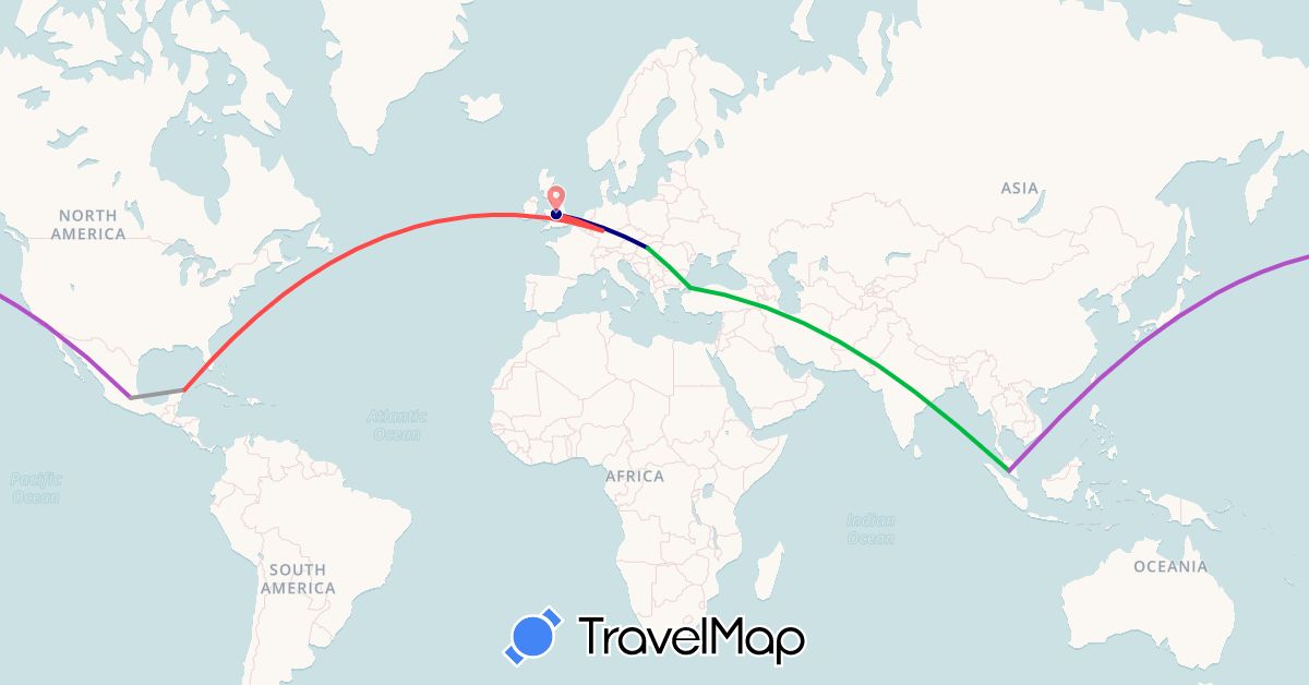 TravelMap itinerary: driving, bus, plane, train, hiking in Germany, United Kingdom, Hungary, Japan, Mexico, Malaysia, Turkey (Asia, Europe, North America)
